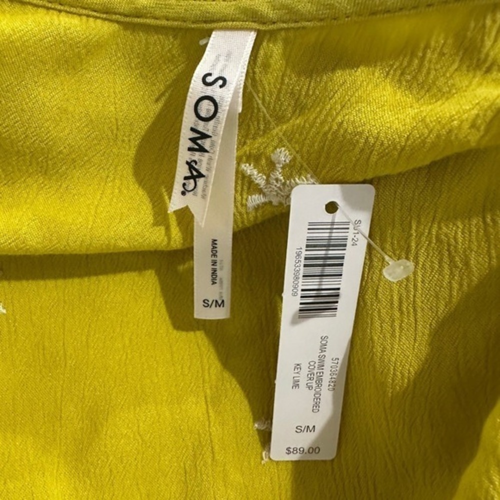 Soma Swim Embroidered Cover Up Green Yellow Tie Front Tunic Small Medium NWT - Picture 9 of 9